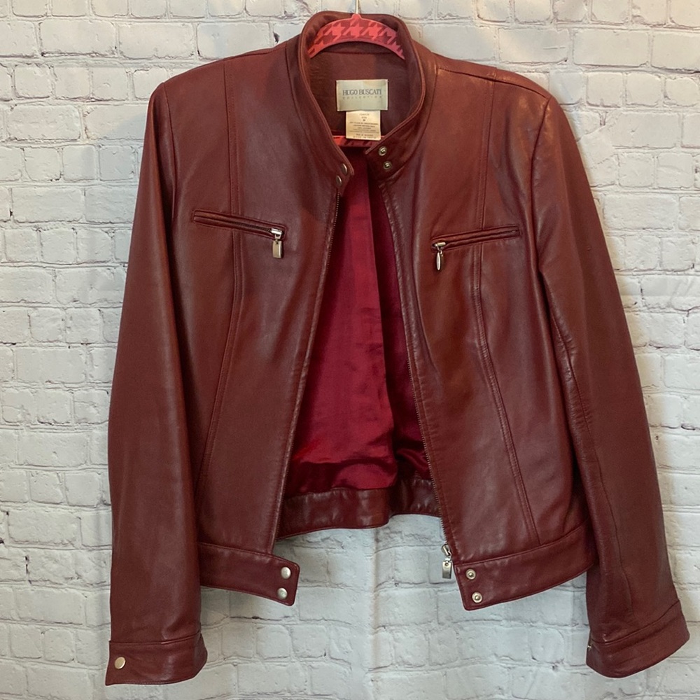 Hugo Buscati Leather Jacket Dark Red Mandarin Collar